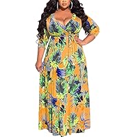 Women Night Dress Plus Size Wrap V Neck Long Sleeves Floral Printed Swing Dress with Belt