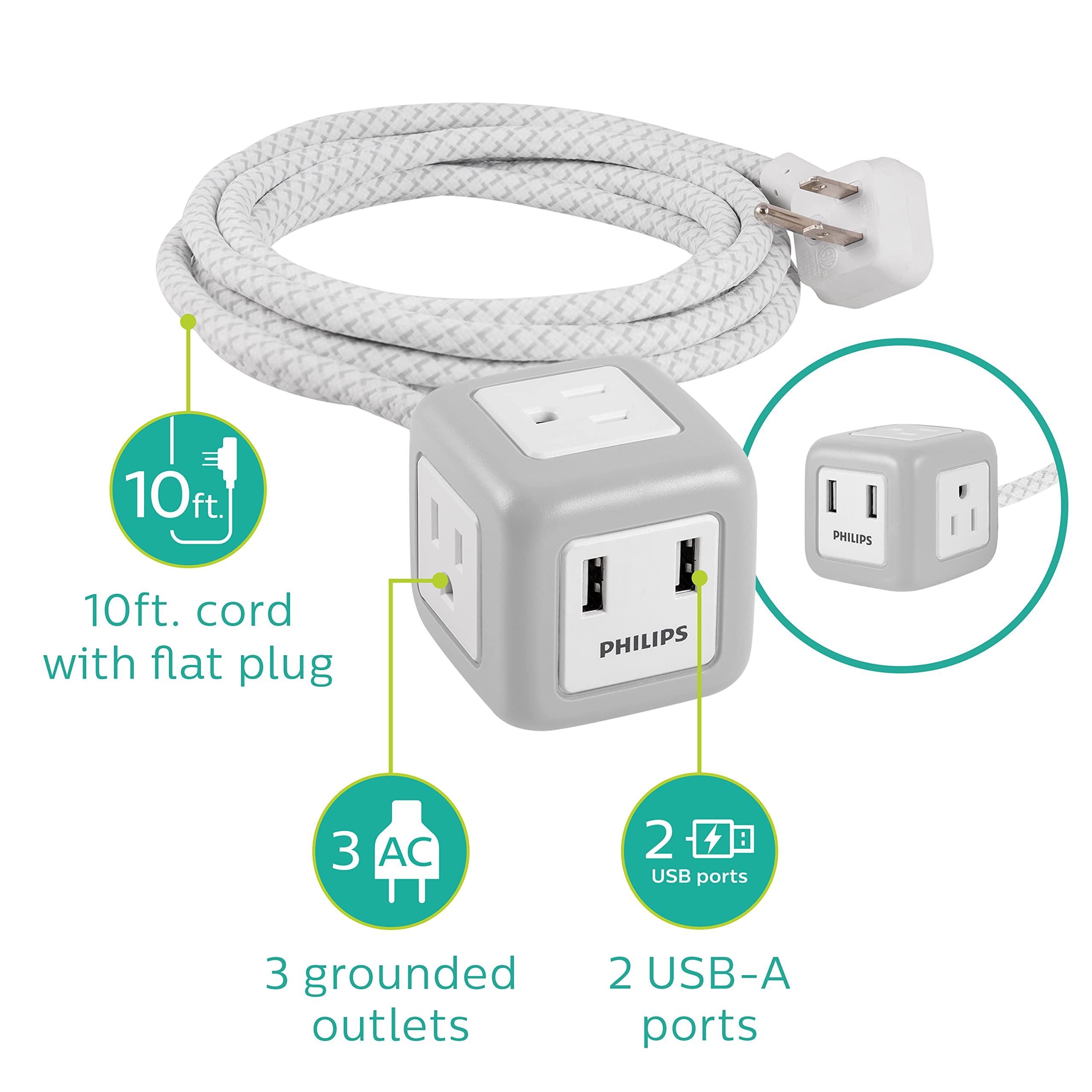 Philips, Gray/White, 3 Outlet Rubberized Cube, 2 USB, 2.4A, 10ft Braided Cord, SPS3102WB/37