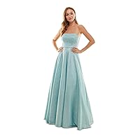 Womens Light Blue Embellished Zippered Padded Lined Tulle Lace Up Back Sleeveless Strapless Full-Length Formal Gown Dress Juniors 1