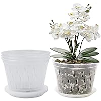 Orchid Pot, 8 Inch 4 Pack Orchid Pots with Holes and Saucers, Clear Plastic Orchid Pots