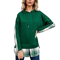 Women Fashion Slit Longline Sweatshirt Patchwork Checked Hoodies Casual Hooded Pullover Tops Plaid Hoody Shirts