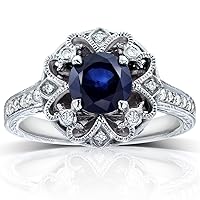 Kobelli Antique Style Round Blue Sapphire and Diamond Vintage Style Engagement Ring 1 1/2 Carat (ctw) in 14k White Gold