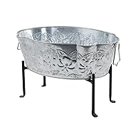 Achla Designs Embossed Oval Tub with Folding Stand, Galvanized Steel and Black, (C-52-S1)