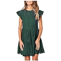 Trendy Women Casual Ruffles Sleeve Ladies O-Neck Hollow Out Ruched A-Line Dress