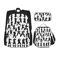 3-In-1 Backpack Bookbag Set,Silhouettes Of Martial Arts Print Casual Travel Backpacks,With Pencil Case Pouch, Lunch Bag