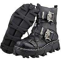 Men's Genuine Leather Military Army Boots Gothic Skull Punk Motorcycle Boots Combat Boots Mid-calf Work and Safety Boots