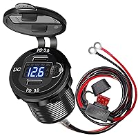 12V USB Outlet Dual USB C Car Charger with Voltmeter, Dual PD3.0 USB-C Ports Socket with Switch Aluminum Waterproof 12V Outlet for Boat Marine Truck Golf Cart RV Motorcycle
