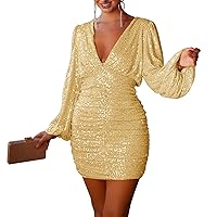 Women's V Neck Sequin Short Homecoming Dress for Teens Long Puff Sleeves Formal Party Dress Slim Prom Gowns