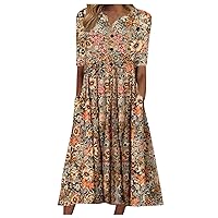Vintage Dress for Women Summer Boat Neck Printed Lightweight Casual Overall Women Plus Size Dress