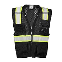 Black Enhanced Visibility Unisex Vest B100, Multi Pocket Mesh Hi-Vis Vest, Ultra-Cool Polyester Material, 6 Pockets, Zipper Front Closure, Construction Work Safety Vest (Black EV, LG-XL)