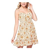 Womens Ivory Stretch Zippered Tie Ruffled Floral Spaghetti Strap Sweetheart Neckline Short Party Fit + Flare Dress Juniors 7