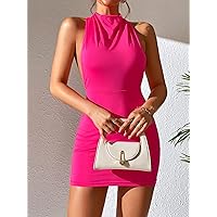 Dresses for Women Solid Backless Halter Neck Bodycon Dress (Color : Hot Pink, Size : Large)