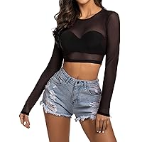 Mesh Long Sleeve Top for Women See Through Shirt Cropped Sheer Top Gothic  Rave Outfit Sexy Crop Top