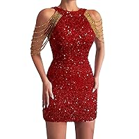Women Spring Dress,Women's Solid Color Halter Neck Sexy Crystal Fringe Bodycon Sequin Dress for Evening Wedding