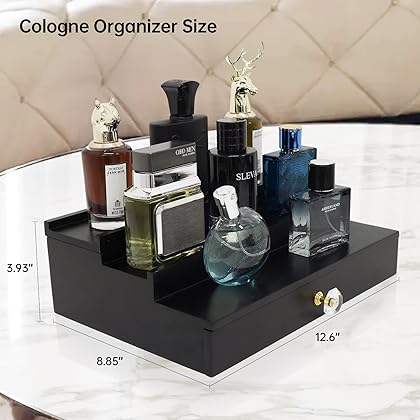 Wooden Cologne Organizer for Men Display Risers Countertop Organizer 3 Tier Cologne Stand with Storage Drawer Cologne Holder Cologne Shelf Great Gift Perfume Dresser Organizer