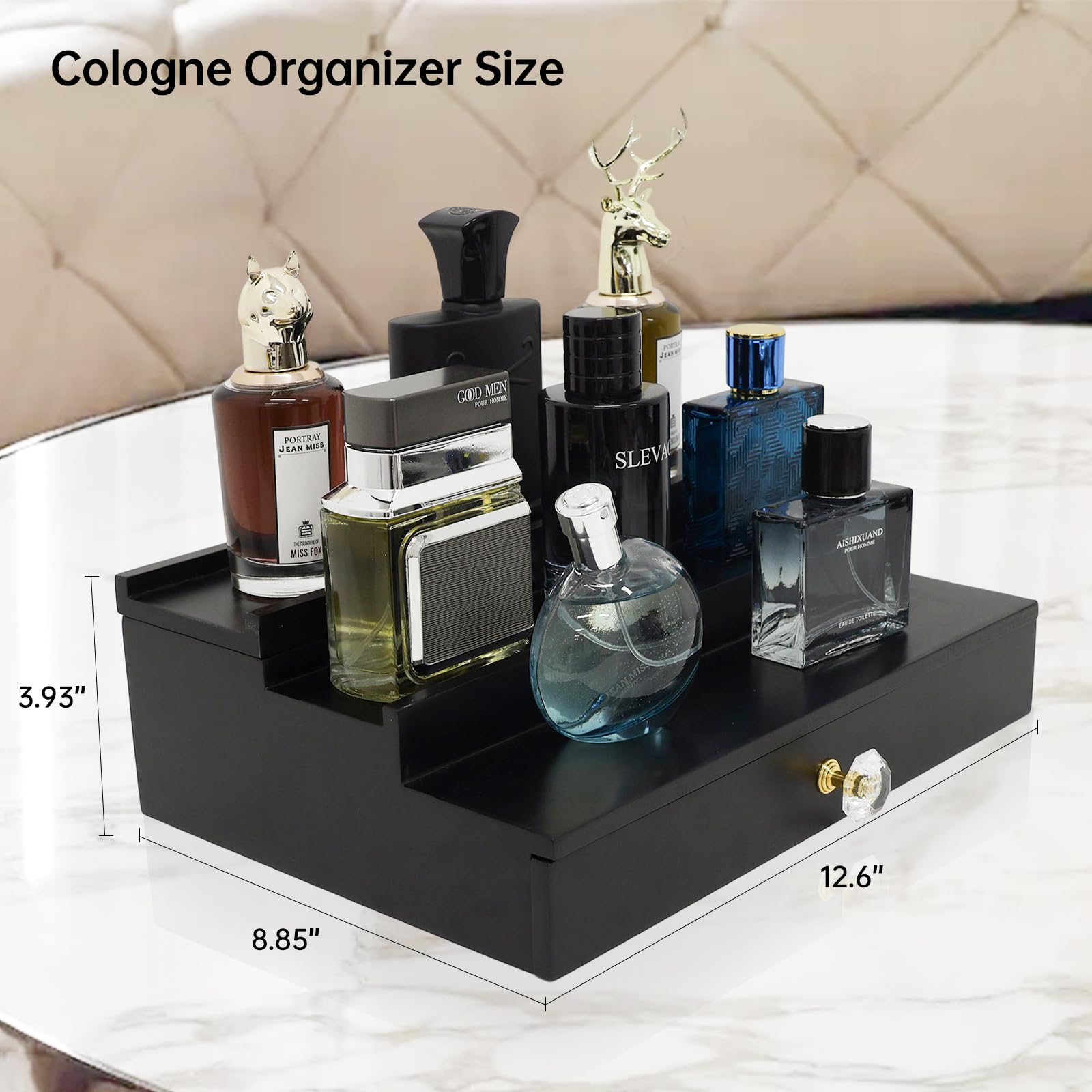 Cologne Organizer for Men 3 Tier Cologne Stand with Drawer and Hidden Compartment Cologne Holder Organizer for Men, Wood, Ccologne Shelf for Men Gift Perfume Organizer Mens Home Decor Cologne Tray