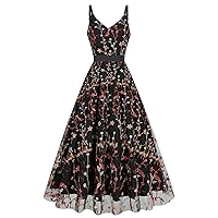 Women's Floral Embroidery Dress V Neck Mesh Vintage Cocktail Wedding Guest Gown Prom Evening Party Swing Dress
