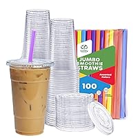 Comfy Package [24 oz. - 100 sets Clear Plastic Cups With Flat Lids & Straws - Disposable Clear Drinking Cups For Iced Coffee, Cold Drinks, Milkshakes, and Smoothies