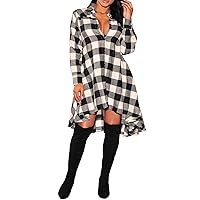 EFOFEI Womens Casual Plaid Shirt Dress Irregular Hem Checkered Midi Dress with Pockets