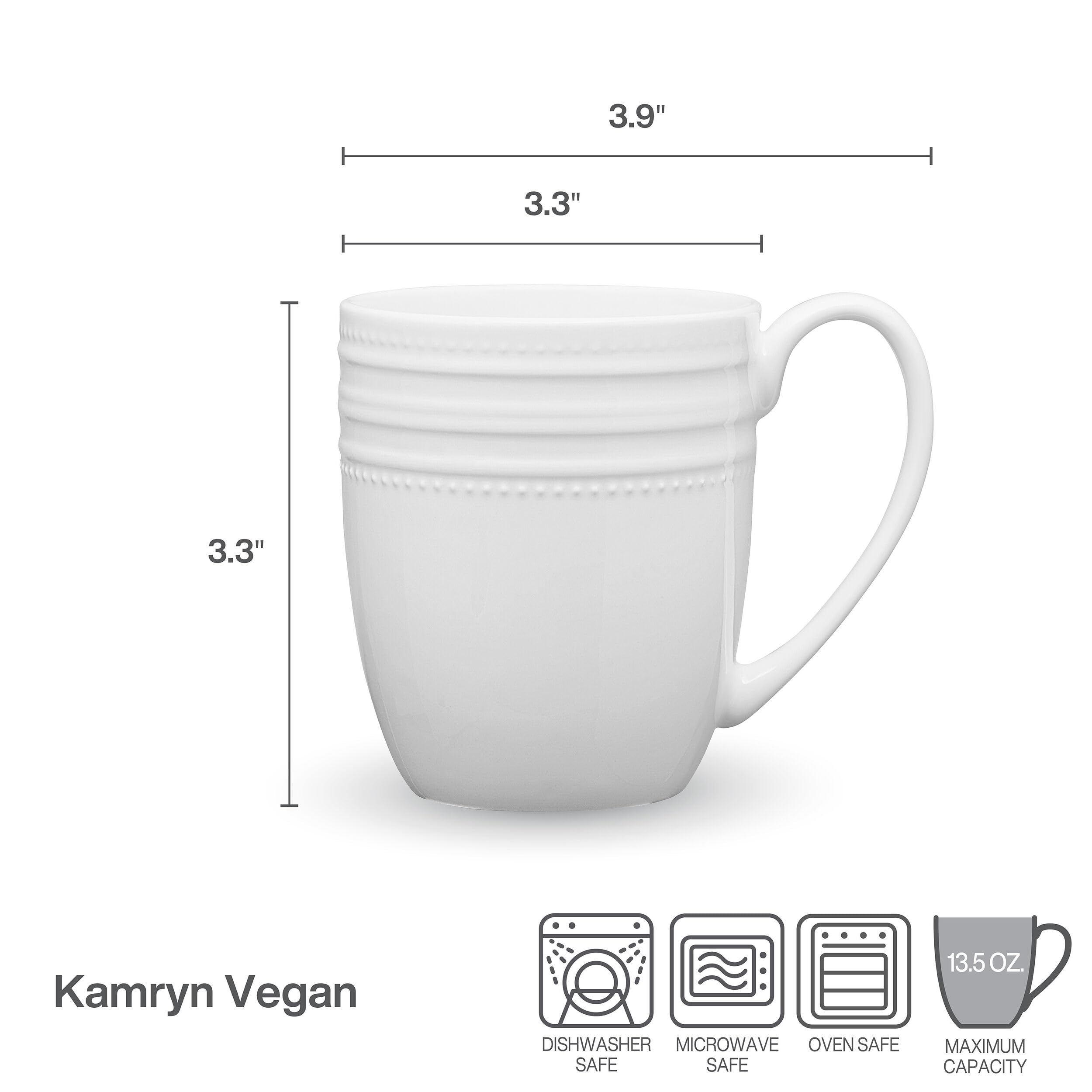 Mikasa Kamryn Vegan Bone China Lightweight Set of 4 Mugs, 13.5 Ounce, White