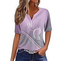 Summer Tops for Women 2024 Short Sleeve Blouses Dressy Casual T Shirt Tee Print Button V- Neck Tops