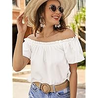 Women's Tops Sexy Tops for Women Shirts Off Shoulder Frill Trim Blouse Shirts for Women (Color : White, Size : Medium)