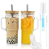 Glass Cups with Bamboo Lids and Straws,24oz Tumbler With Handle,2 Pack Mason Jar with Lid and Straw-Wide Mouth Reusable Drinking Glasses,Boba Cup Smoothie Tumbler Iced Coffee Cup Travel Mug