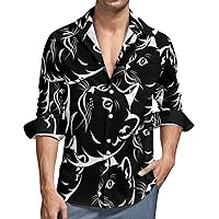 Cat Face on Black Mens Long Sleeve Shirts Casual Button Down Shirts for Men Summer Beach Tees with Pocket