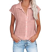 Women Summer Lapel Blouses Button Down V Neck Work Shirts Casual Plain Loose Trendy Tops Cotton Linen T Shirt