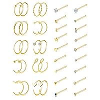 Tornito 20G 38Pcs Stainless Steel L Bone Screw Shaped Nose Studs Nose Rings CZ Hoop Tragus Cartilage Nose Ring Labret Nose Piercing Jewelry for Men Women Rose Gold Tone