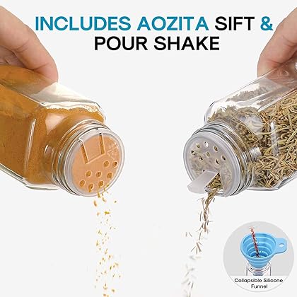 AOZITA 24 Pcs Glass Spice Jars with Labels - 4oz Empty Square Spice Bottles Containers, Condiment Pot - Shaker Lids and Airtight Metal Caps - Silicone Collapsible Funnel Included