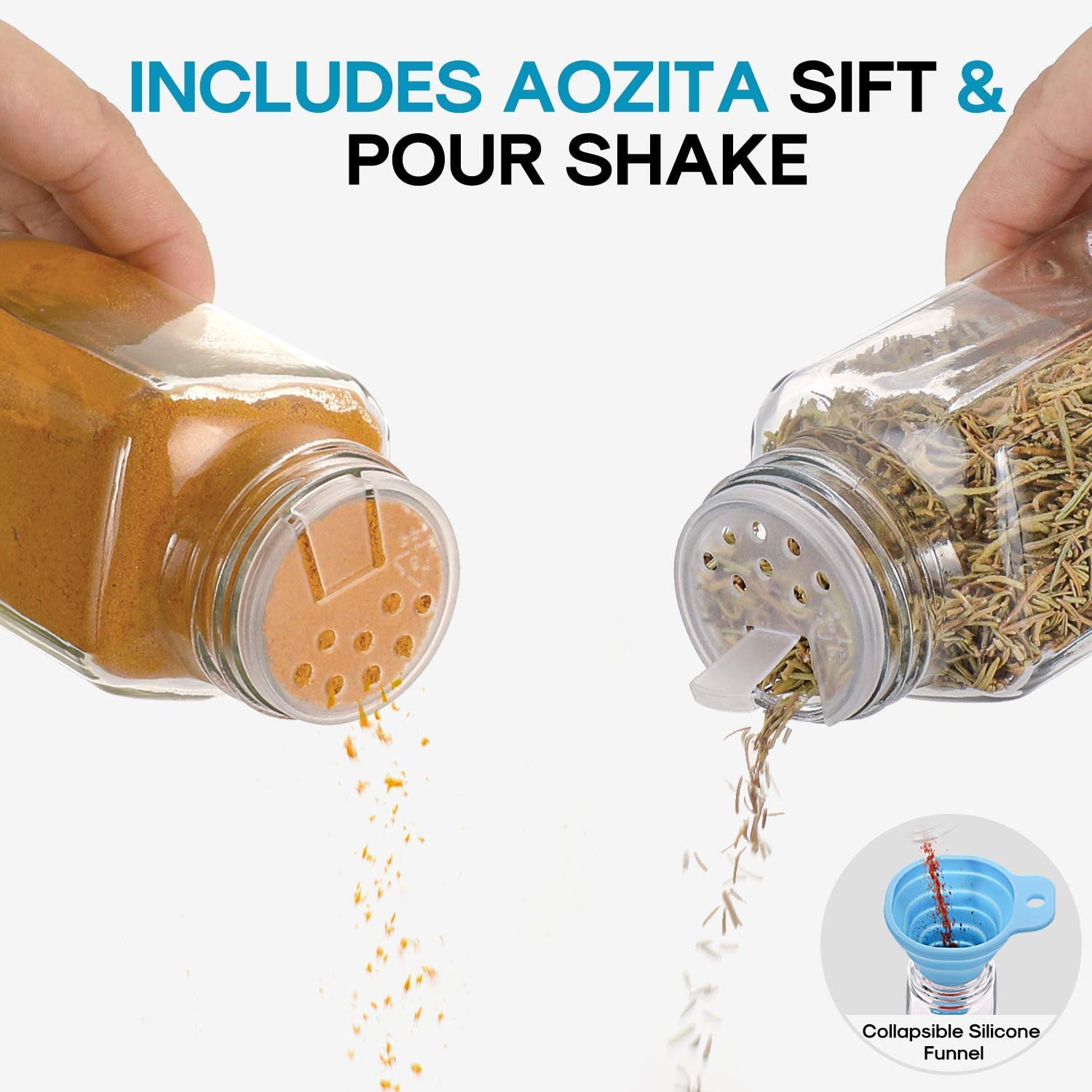 AOZITA 24 Pcs Glass Spice Jars with Labels - 4oz Empty Square Spice Bottles Containers, Condiment Pot - Shaker Lids and Airtight Metal Caps - Silicone Collapsible Funnel Included