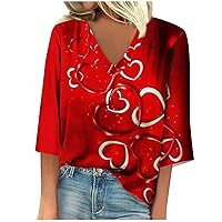 Valentines Day Outfit Women 3/4 Sleeve V Neck Shirts Blouses Trendy Valentine Plus Size Tops for Women DC06