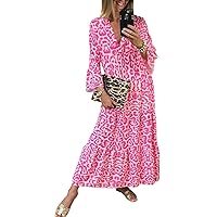 Women's Boho Leopard Print Ruffle Long Sleeve V Neck Casual Flowy Party Maxi Dress