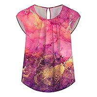 Women's Casual Crewneck Basic Pleated Tops Cap Sleeve Curved Keyhole Back Chiffon Blouse Floral Print Tshirt