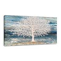 White Tree Canvas Wall Art Large Teal Blue Decor Textured Painting Print with Gold Foil Framed Artwork for Living Room Bedroom(24W*48L