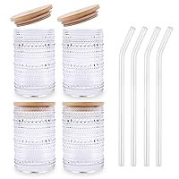 Vintage Drinking Glasses Set of 4 with Bamboo Lids and Straws, Textured Clear Striped Ribbed Glassware Set Old Fashion Beaded Glass Cups Embossed Iced Coffee Cup for Beer, Cocktail, Beverage(16 oz)
