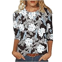 3/4 Length Sleeve Womens Tops Plus Size Round Neck Pullover Vintage Floral Print Tee Casual Cute Vacation Shirt Ladies Blouse