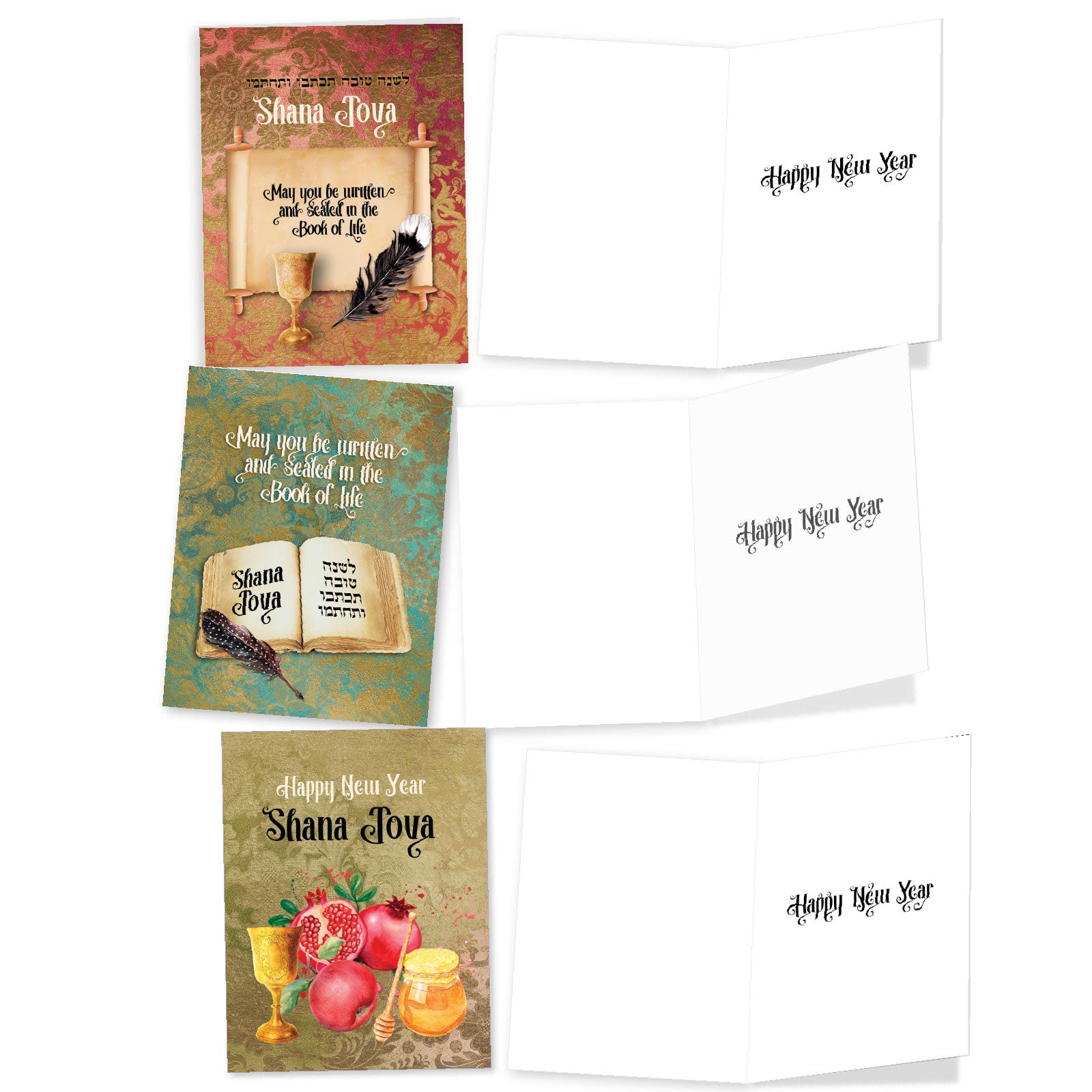 Shana Tova - 10 Assorted Jewish New Years Cards with Envelopes (4 x 5.12 Inch) - Rosh Hashanah Celebration Greetings - Boxed, Religious Happy Holiday Note Card Set AM6135RHG-B1x10