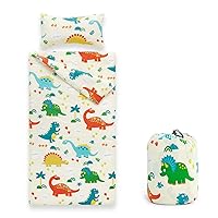 Wake In Cloud - Sleeping Bag Zippered, Nap Mat with Matching Pillow for Kids Boys Girls Sleepover Overnight Travel Slumber Bag, Dinosaurs on Ivory Cream, 100% Cotton with Microfiber Fill