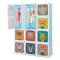 HONEY JOY Kids Wardrobe Closet, Baby Cartoon Clothes Storage Organizer, 12 Cubes & 2 Hanging Sections, Portable Children DIY Modular Bedroom Armoire Dresser Cabinet for Boys Girls (Blue)