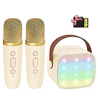 Mini Karaoke Machine with 2 Wireless Microphones for Kids Adults, 18 Pre-Loaded Songs, Portable Bluetooth Speaker Gift for Girls Toys 4, 5, 6, 7, 8, 10, 12+ Years Old Teens Birthday(Beige)