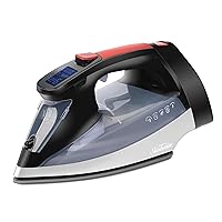 Professional 1700W Digital Steam Iron, 11-Heat Settings, Multi-Color LCD Display Screen, Precision Ironing, Horizontal or Vertical Shot of Stem, 8' Retractable Cord, Black and Red