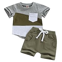 Toddler Boys Round Neck Short Sleeve Color Combination Print Top And Solid Shorts For Boys Infant Girl