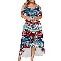 Women's Summer Casual Plus Size Cocktail Hi-Low Party Flag Stripe Tie-Dye Patriotic Long Maxi Beach Dress