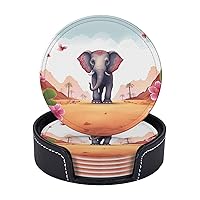 Lucky Elephant Printed Drink Coasters with Holder Leather Coasters Set of 6 Tabletop Protection Decorate Cup Mat for Coffee Table Bar Kitchen Dining Room