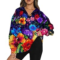 XHRBSI Graphic Crewneck Sweatshirt Women's Casual Fashion Long Sleeve Flower Print Oversize Zip Sweatshirt Top