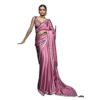 Trendy Floral Woven Satin Cocktail Indian Digital printed Saree Sari Blouse Women/Girls 5957