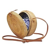 Handwoven Round Rattan Bag for Women Bali Ata Straw Bags Leather Shoulder Strap