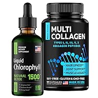 S RAW SCIENCE Immune Support & Internal Deodorant, Healthy Hair & Nails — Multi Collagen Capsules 150pcs and Liquid Chlorophyll 1500mg 2oz